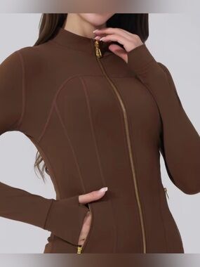Uncia Active Brown Zip-Up Jacket with Gold Accents Activewear Running Yoga